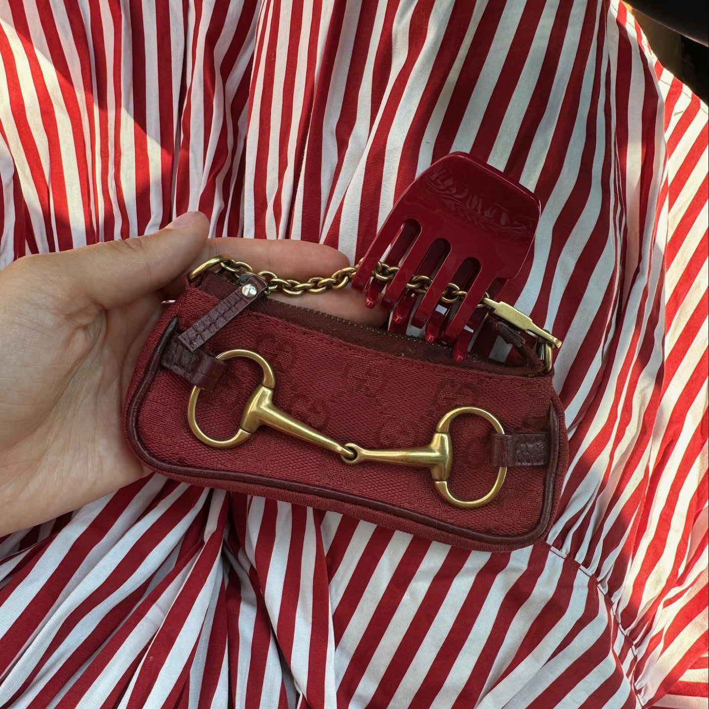 model holding clutch with Petite Clip in Cherry Kiss attached