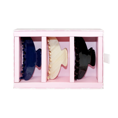 Gift Set in Classic with big effing clips in blueberry, noir, and buttercream